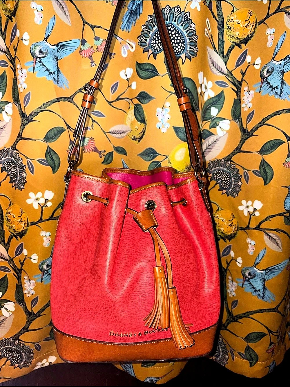 Dooney & Bourke Pebble Grain Drawstring Bucket Bag Coral & Brown